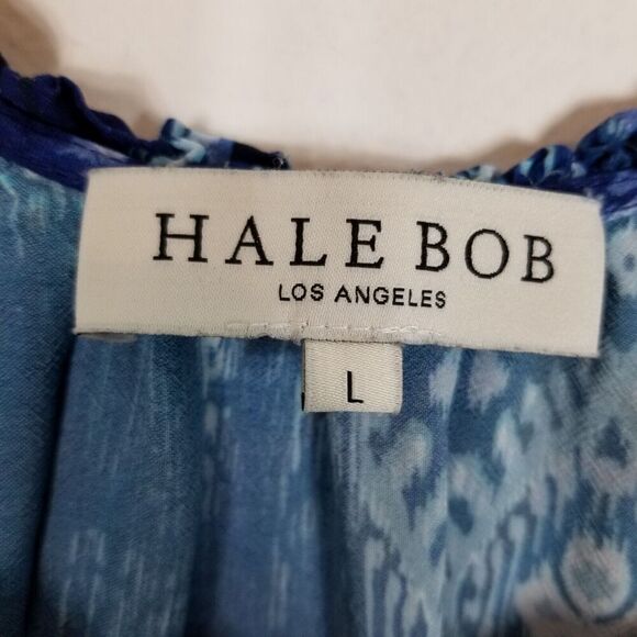 Hale Bob Women Faith Top Blouse Size L Blue Printed Flutter Sleeve Boho - Picture 3 of 4